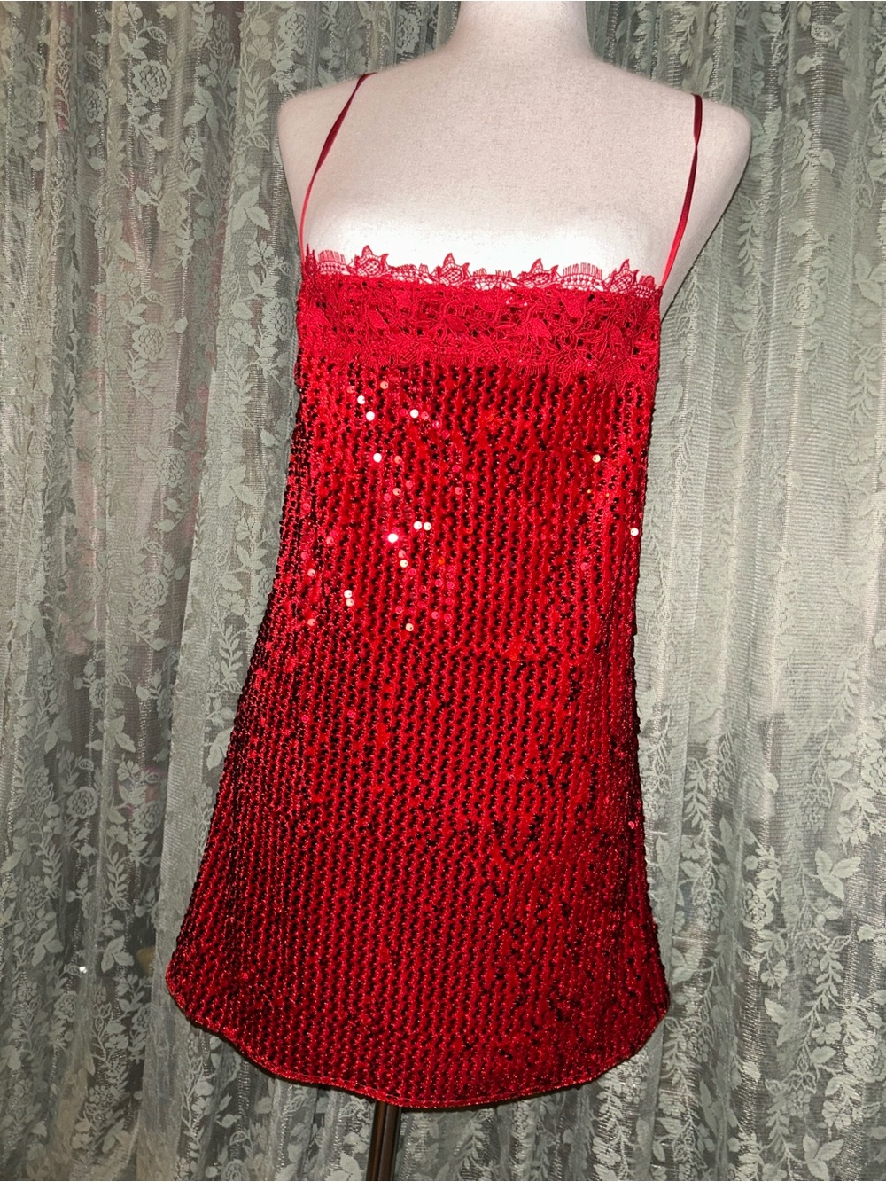 Free People Red Sequin Lace Trim Slip Dress